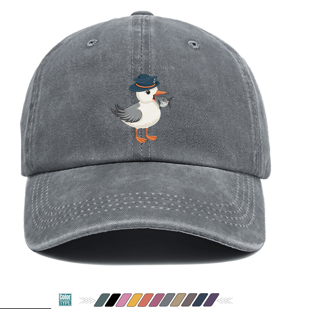 1pc Cartoon Seagull Wearing a Navy Hat with an Anchor Pattern, Holding a Fish in Its Mouth, with a Colorful Geometric Striped Background. Fun Animal Print Baseball Cap, Comfortable And Breathable Sun Hat, Stylish, Individual, And Beautiful