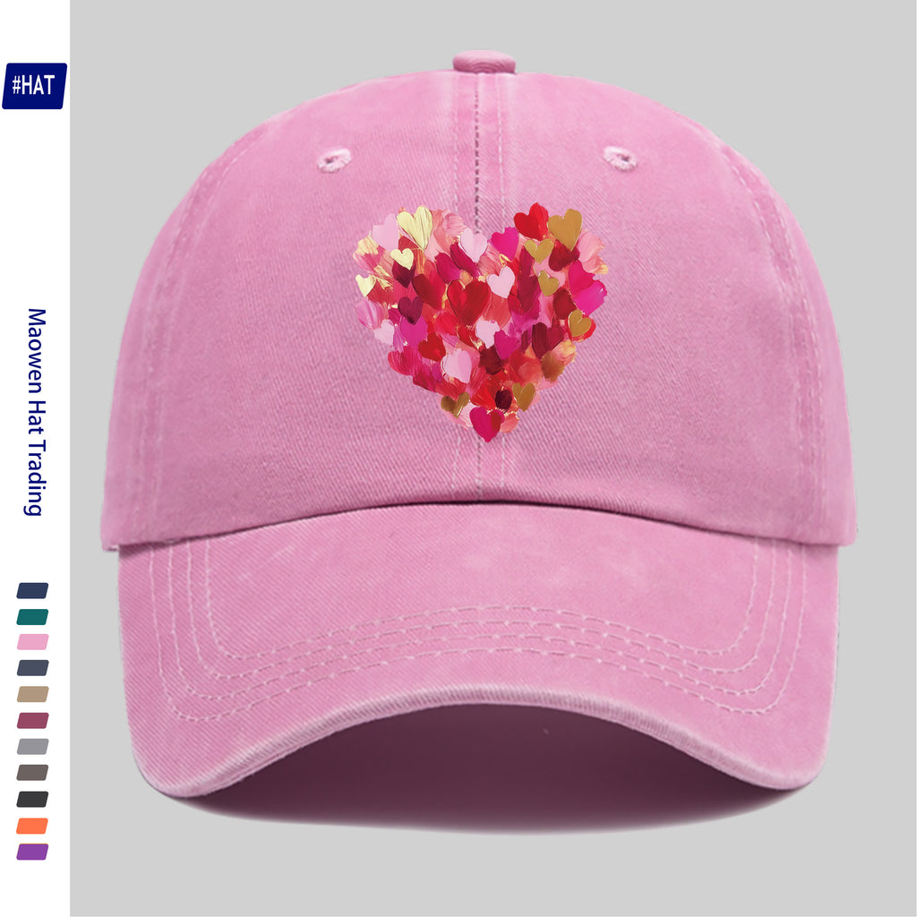 Heavy-Duty Washed Vintage Trucker Cap, Thick Oil-Painting Style Heart Print, Adjustable Snapback Closure, Suitable for Sports, Unisex Outdoor Cap, Ideal for All-Season Travel, Durable Headwear