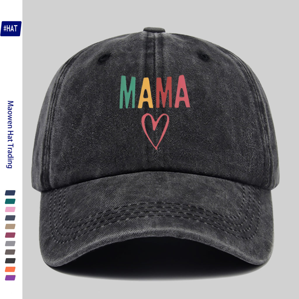 1 Vintage Washed Distressed Baseball Cap, Featuring a Fashionable and Minimalist Aesthetic, Unisex Cap with Multi-color MAMA Heart-shaped Print Design, Adjustable Size, Trendy Street Style, Trucker Dad Hat, Suitable for Outdoor Fishing, Hunting, And