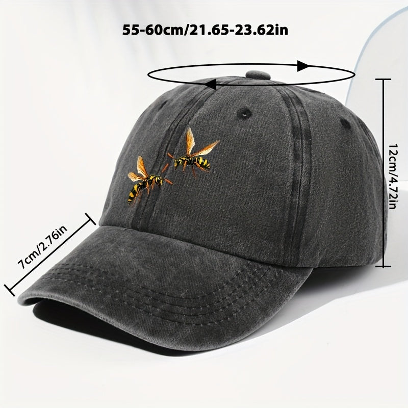 Unisex Bee Animal Print Washed Vintage Baseball Cap, Fashionable Sun Outdoor Hat for Men and Women, Adjustable Fit Trucker Hat Suitable for All Seasons and Daily Wear