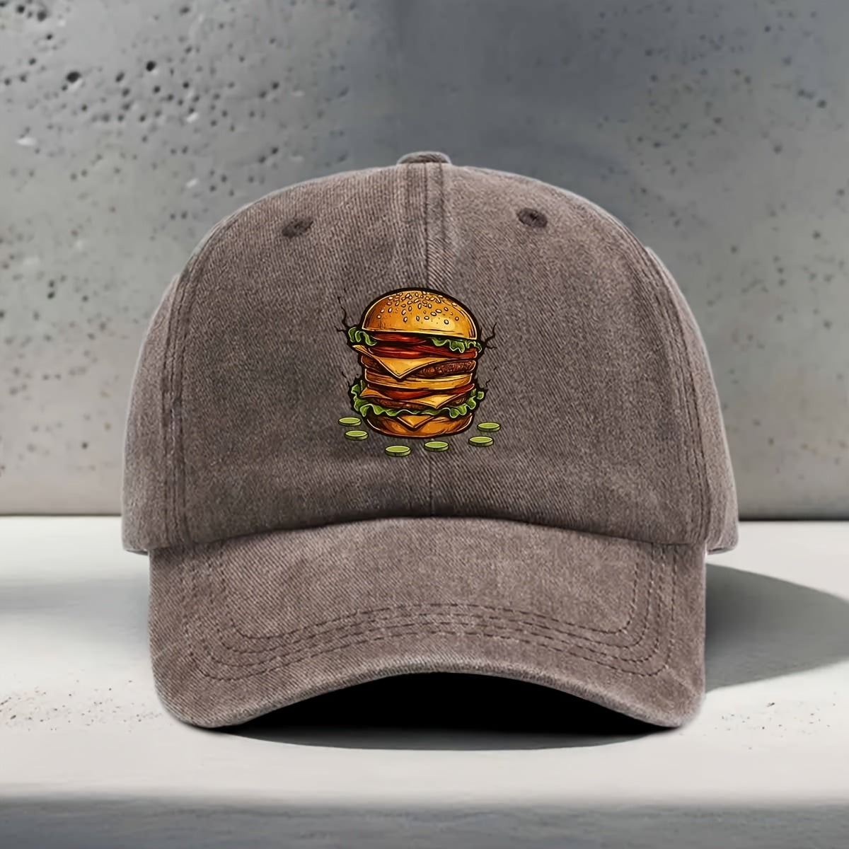 Men's & Women's Baseball Cap with Burger Print - Adjustable Snapback Curved Brim Hat, Washed Suitable for Daily Outings, Casual Wear,, Hip-Hop Style - Unisex Washed Cap for All Head Sizes, Comfortable for Hamburger