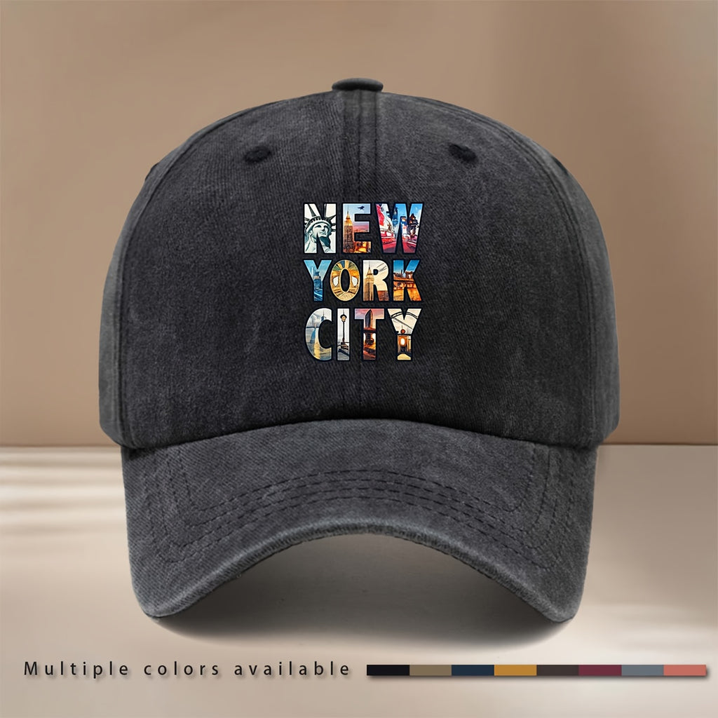 NEW YORK CITY Letter Cityscape Pattern Baseball Cap with Textured Comfort Hip-Hop Hat Unisex Curved Cap for Friends' Gatherings Camping Matching Lightweight Easy Duckbill Cap Individual Style Six-Panel Cap Casual Hat Trendy Fashion All-Season Adjust