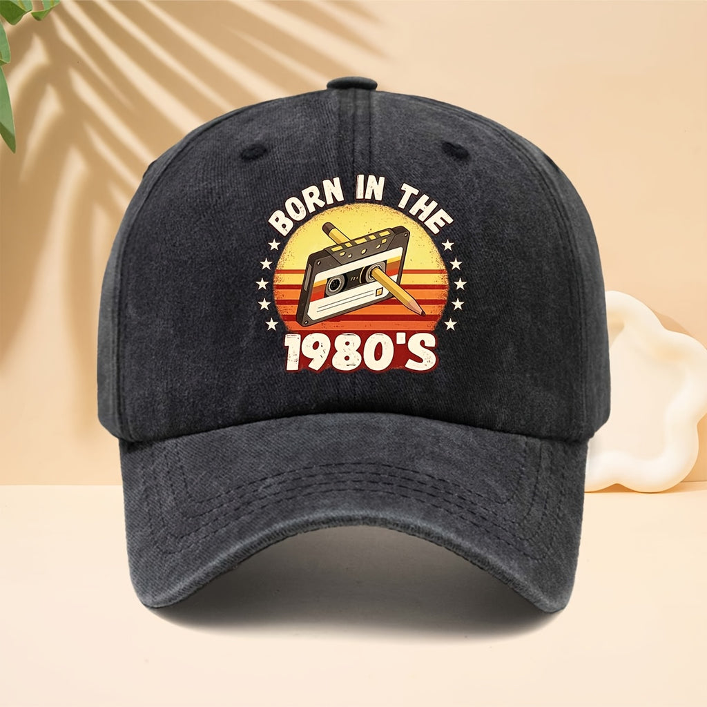 A Washed Baseball Cap with the Print "BORN IN THE 1980S". This Versatile Trucker Hat Features a Soft Crown and Curved Brim for a Comfortable Fit That Conforms to the Head. Its Relaxed, Street-style Design Is Adjustable and Suitable for Both Men