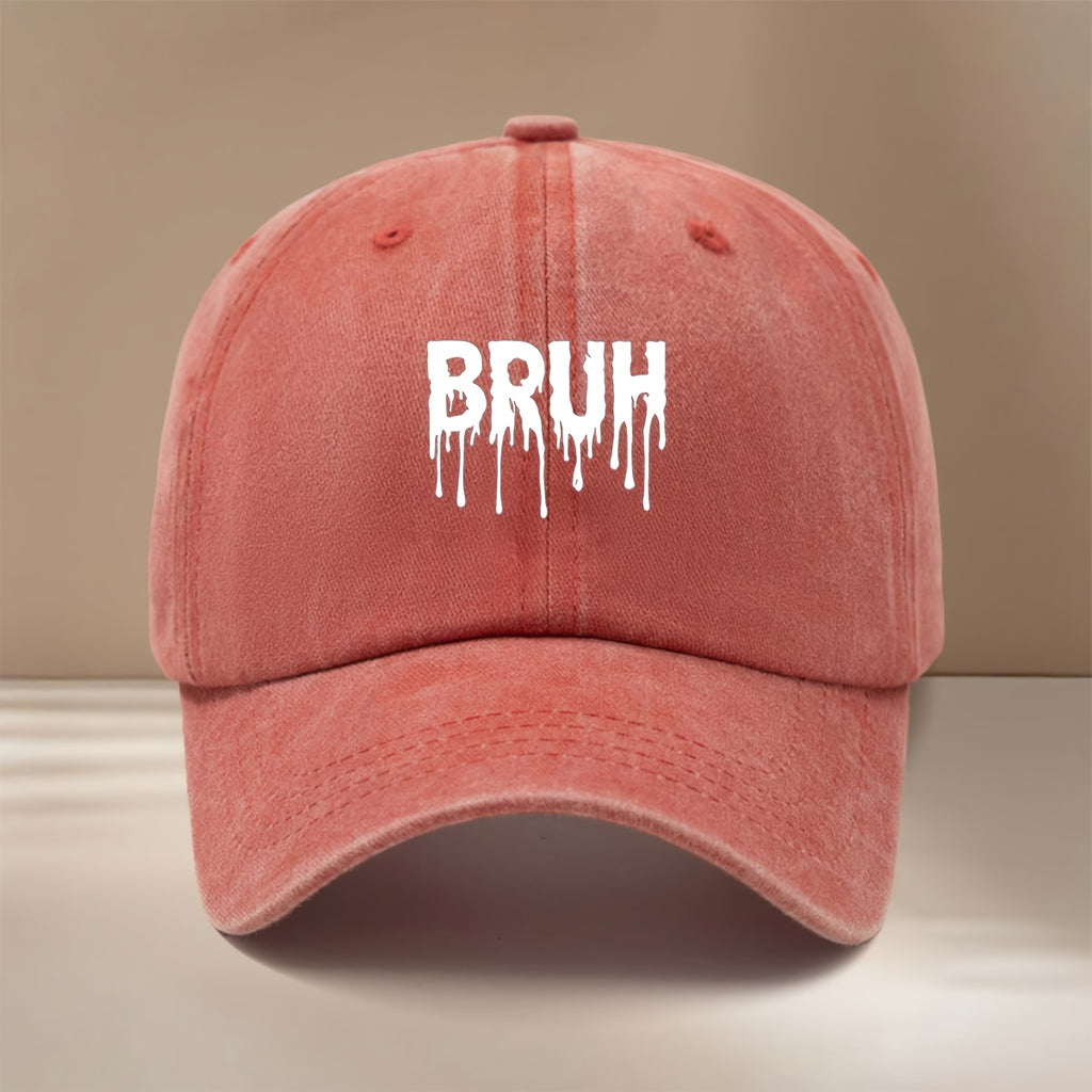 White "BRUH" Text Graphic Baseball Cap with Adjustable Size, Textured Hip-hop Style, Unisex Snapback Hat for Friends' Gatherings and Camping. Comfortable and Lightweight with a Curved Brim, This , Cool Six-panel Cap Features a Relaxed and Casual Fit.
