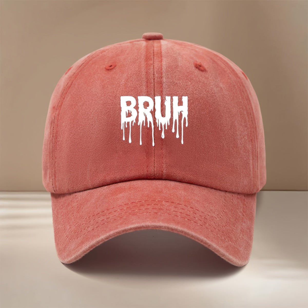 White "BRUH" Text Graphic Baseball Cap with Adjustable Size, Textured Hip-hop Style, Unisex Snapback Hat for Friends' Gatherings and Camping. Comfortable and Lightweight with a Curved Brim, This , Cool Six-panel Cap Features a Relaxed and Casual Fit.