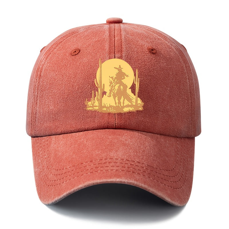A Unisex Fashionable and Versatile Printed Desert Horseback Riding Hero Baseball Cap, Featuring a Classic Vintage Washed Outdoor Lightweight Curved Brim. This Trucker Baseball Cap Is Suitable for Casual Occasions Such as Outdoor Vacations