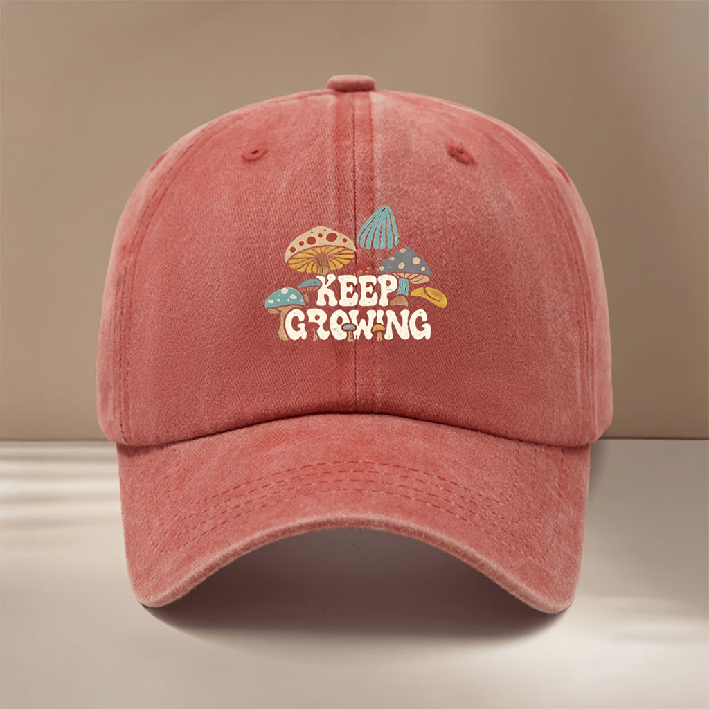 Baseball Cap with "KEEP GROWING" Text and Mushroom Pattern, Suitable for Vacations, Travel, Dinners, and Camping. Six-panel Design with Adjustable Size, Textured Hip-hop Style. Comfortable and Lightweight Curved-brim Cap, Unisex Snapback, Casual Hat