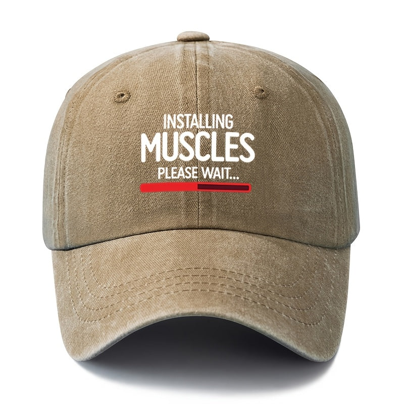 A Unisex Fashionable and Versatile Printed "MUSCLES" Baseball Cap, Featuring a Classic Vintage Washed Outdoor Lightweight Curved Brim. This Trucker Baseball Cap Is Suitable for Casual Occasions Such as Outdoor Vacations, Travel, and Camping. It Also