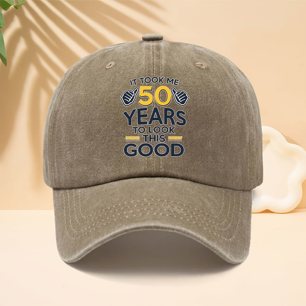 50Th Birthday Commemorative Washed Baseball Cap Self-Deprecating Humorous Slogan Distressed Dad Hat Retro Distressed Soft Top Hat Trucker Cap Casual All-Match Can Be Party Gift Or Wearable Item Making The Birthday Star The Center of Attention Daily