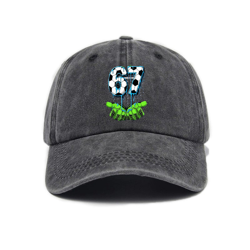 Fashionable Versatile Style 67 Number Print Washed Distressed Soft Top Sunshade Soft Top Baseball Cap Unisex Hat