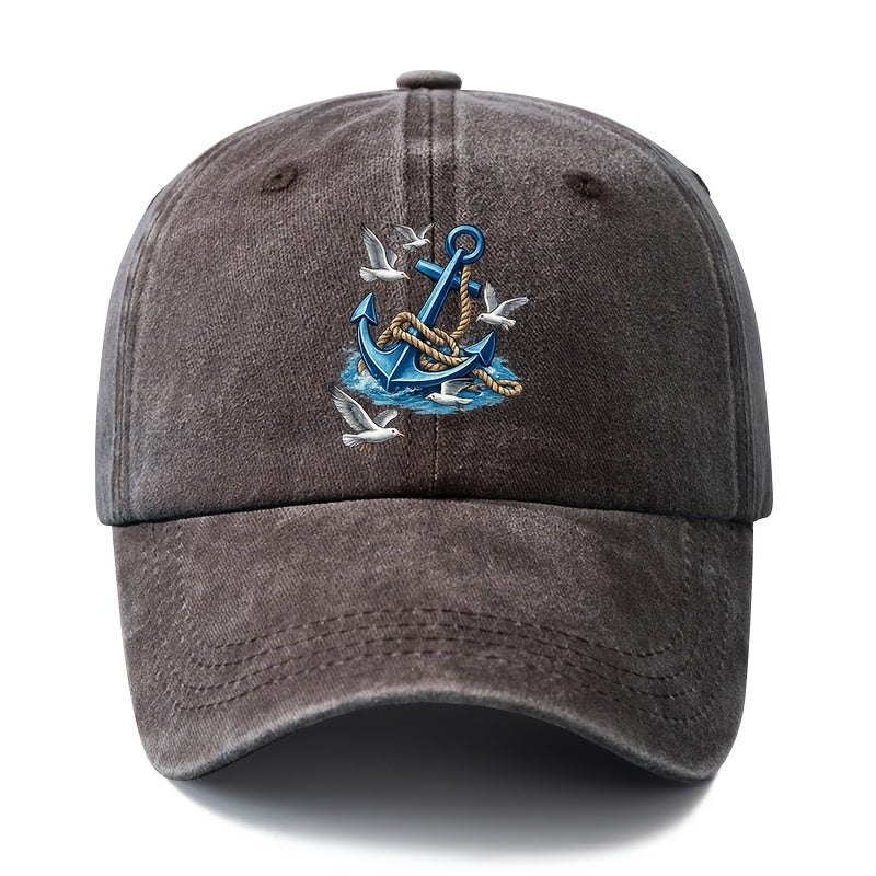Unisex, Fashionable And Versatile Printed Nautical Anchor Baseball Cap, Classic Retro Washed Outdoor Lightweight Curved Brim Cap, Trucker Baseball Cap, Suitable for Outdoor Vacations, Travel, Camping, And Other Casual Occasions, Hip-Hop Style Cap