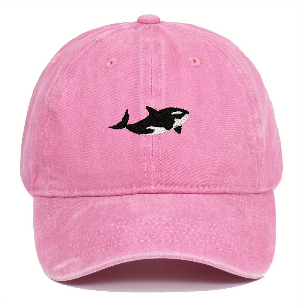 A versatile novelty washed baseball cap with whale embroidery pattern, adjustable for both men and women