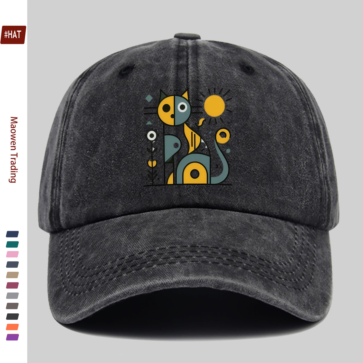 1 Abstract Cat and Sun Pattern Printed Baseball Cap, Unisex Design, Available in Multiple Colors, Papa Cap Is Comfortable, Lightweight, Washable, Vintage Style, American Street Skateboard Cap, Vintage Accessory, Exquisite Gift for Women, Fun and Cute
