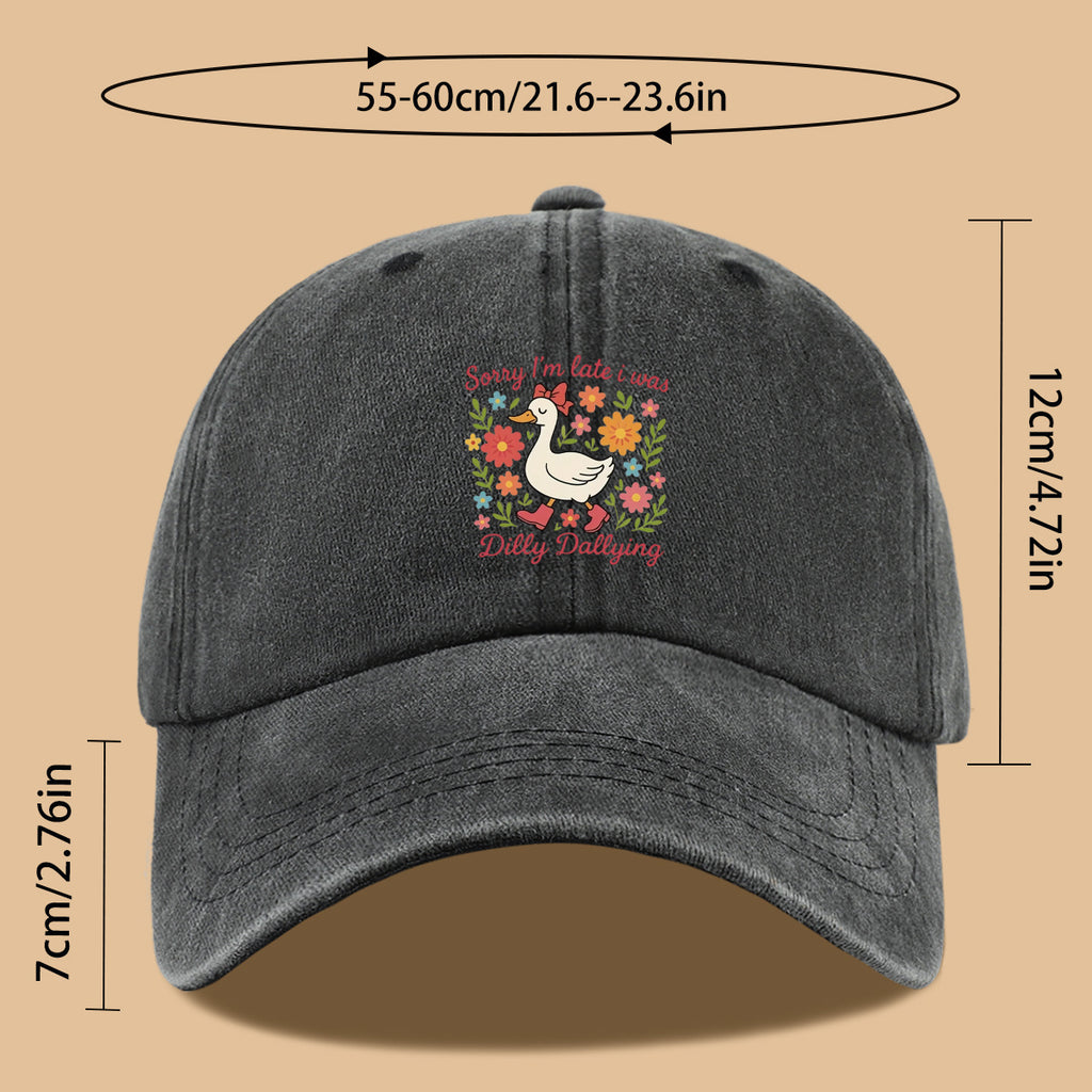 1pc Cute Duck "Sorry I'M Late, I Was Procrastinating" Printed Baseball Cap, Comfortable Breathable Sun Hat, Fashionable And Aesthetic Unisex Baseball Cap, Adjustable Size, Casual Duckbill Cap, Suitable for Picnics, Shopping, Dates, Walks, Vacations