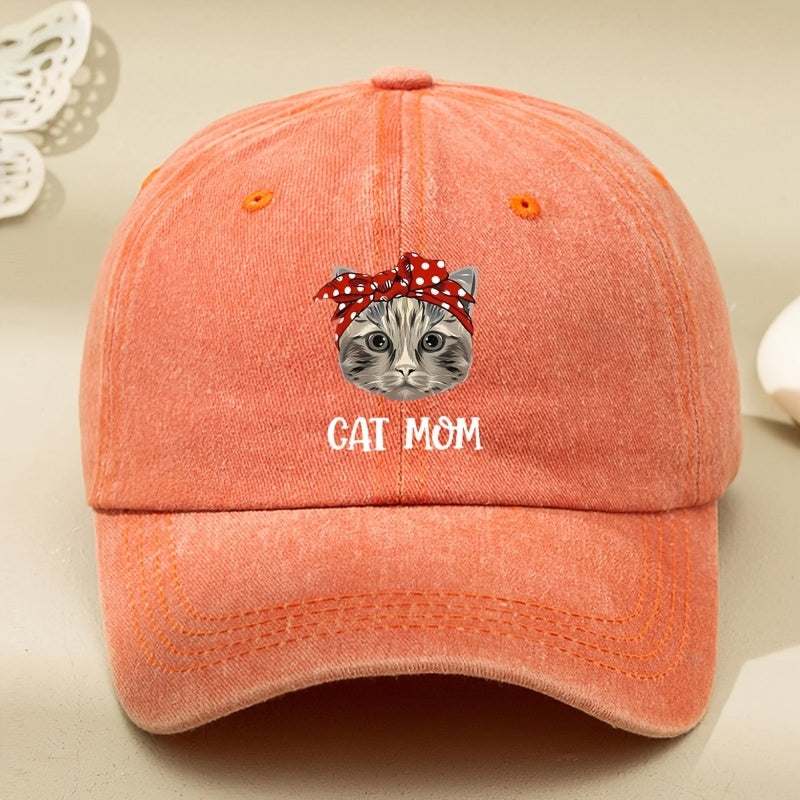 CAT MOM Cartoon Print Washed Vintage Soft Top Baseball Cap, Unisex, Washed Vintage Cap, Men's Hat, Women's Hat
