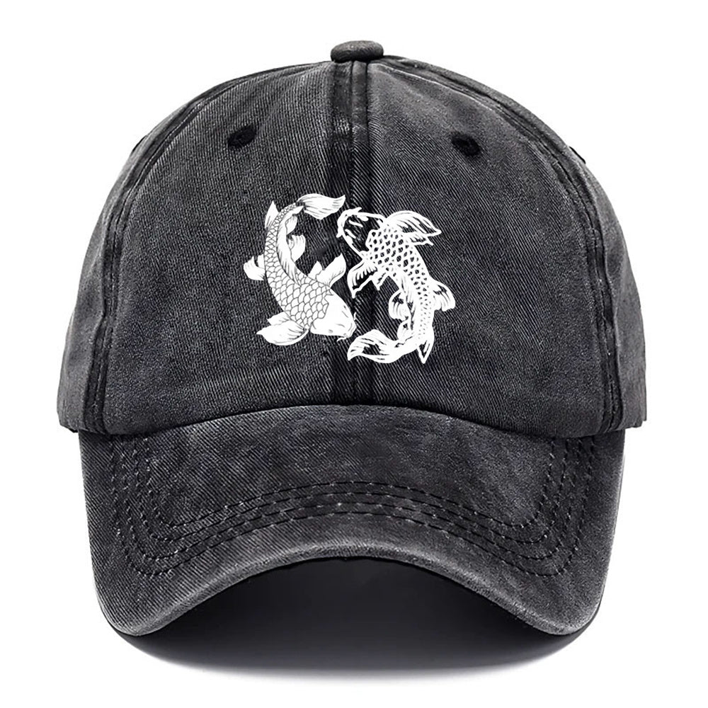 A Water-Washed Baseball Cap Featuring a Yin-Yang Fish Print - an Adjustable Unisex Hat with Traditional Chinese Koi Fish Symbols, Lightweight And Breathable for Outdoor Sun Protection, a Korean Cultural Accessory