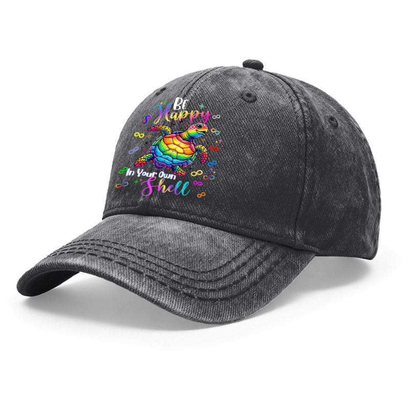 A Vintage Washed Unisex Baseball Cap, Featuring a Rainbow Turtle Design Paired with Bright-colored Pop Art. These Adjustable Hats Are Perfect for Outdoor Activities and Casual Outings, Making Them an Excellent Gift for Men, Women, and Friends.