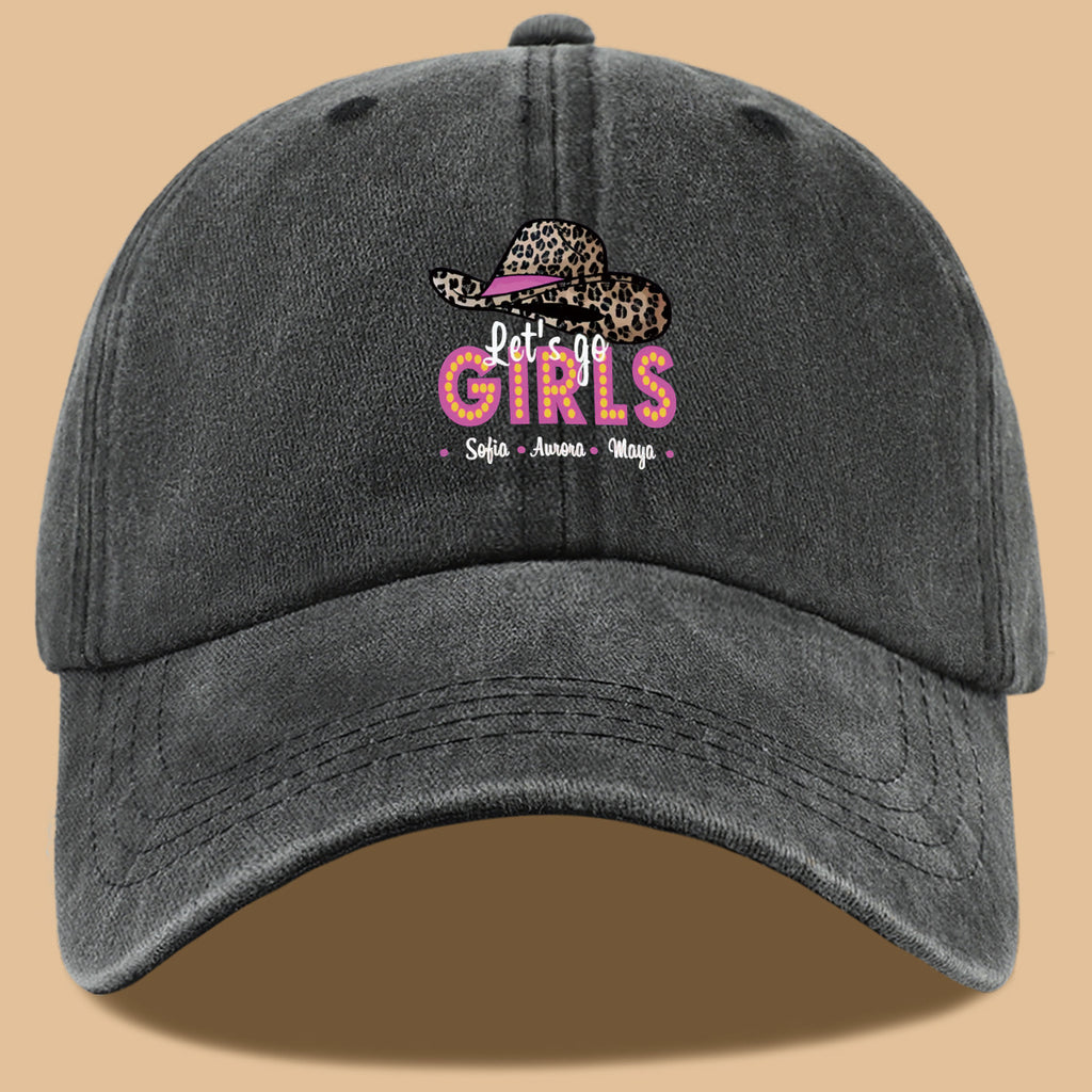 1pc Leopard Print Wide Brim Baseball Cap, Pink Brim with "Let'S Go GIRLS" Neon Style Letters, Adorned with Sofia, Aurora, Maya Names. Fashionable And Individual Sun Hat, Adjustable Size. Bestie Outing Hat, Sister Gathering Hat