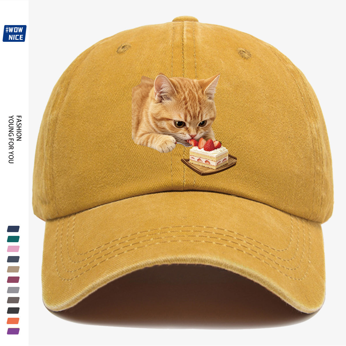 1pc Orange Cat Eating Strawberry Cake Fun Printed Baseball Cap, Cute And Playful Design Unisex Adjustable Size Casual Hat for Shopping, Dating, Coffee Shop Gatherings, Park Walks, Best Friend Outings, Weekend Fun, Party Activities, Trendy Accessory