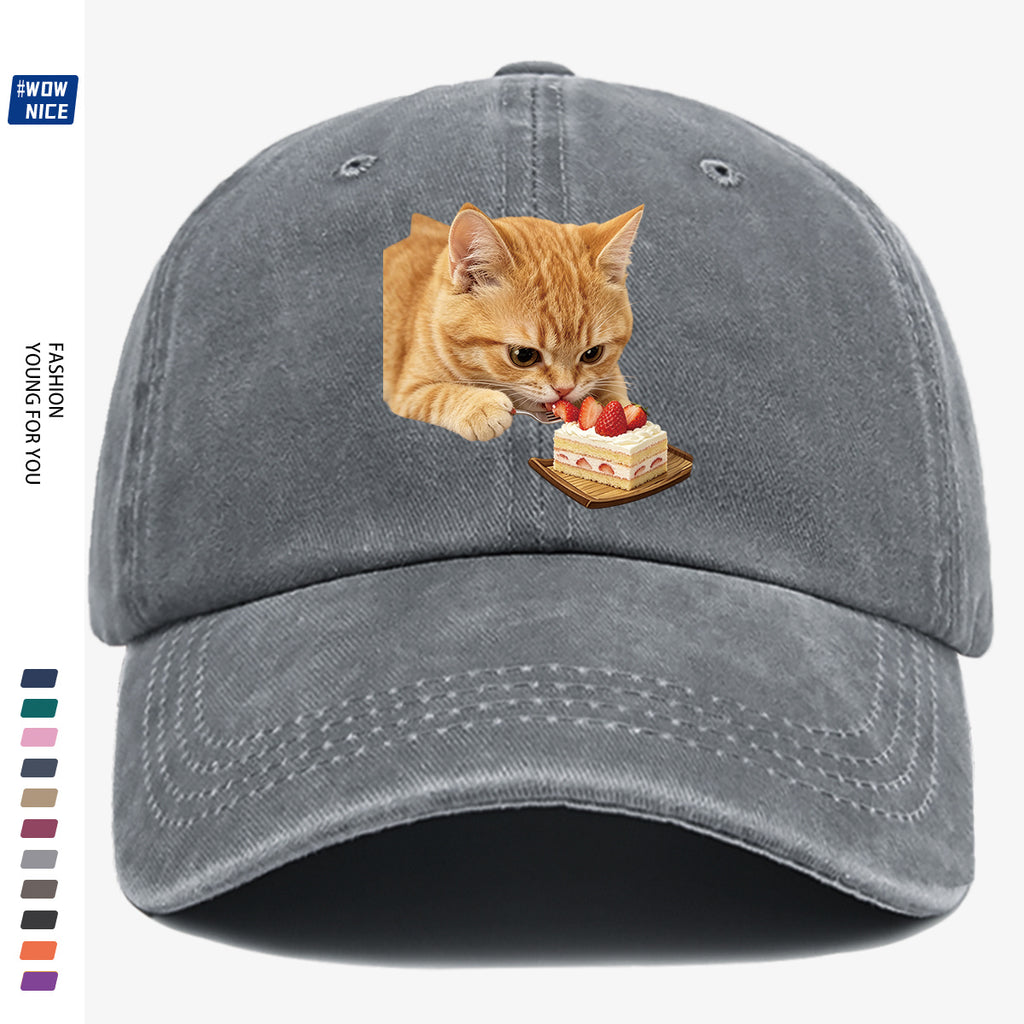 1pc Orange Cat Eating Strawberry Cake Fun Printed Baseball Cap, Cute And Playful Design Unisex Adjustable Size Casual Hat for Shopping, Dating, Coffee Shop Gatherings, Park Walks, Best Friend Outings, Weekend Fun, Party Activities, Trendy Accessory