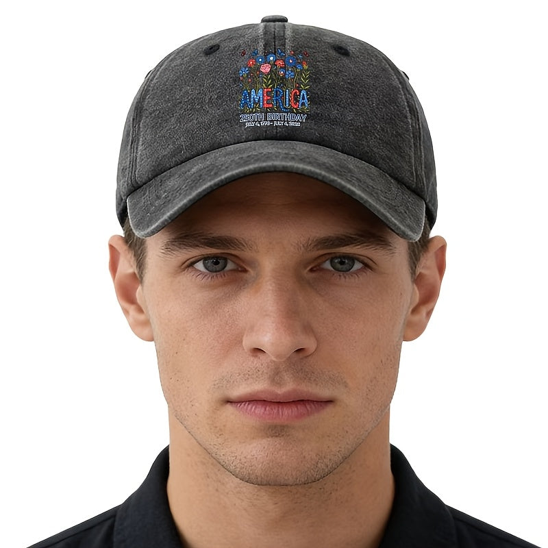 Special Baseball Cap for The 250Th Anniversary Celebration of The Founding of The United States, Unisex Printed Star And Stripe Floral Baseball Cap, Classic Retro Washed Lightweight Outdoor Curved Brim Cap, Trucker Baseball Cap, Suitable for Outdoor