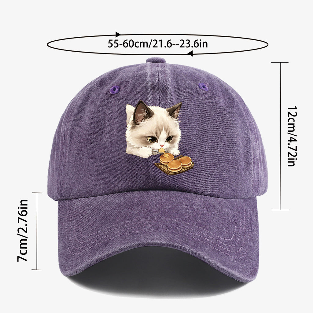1pc 1pcs Cat Eating Muffin Baseball Cap with Kitten Print - Adjustable Unisex Hat Suitable for Men & Women, Cute, Streetwear, Café Outfits, Daily Wear, Fashionable Cap for Bestie Gatherings & Weekend Outings