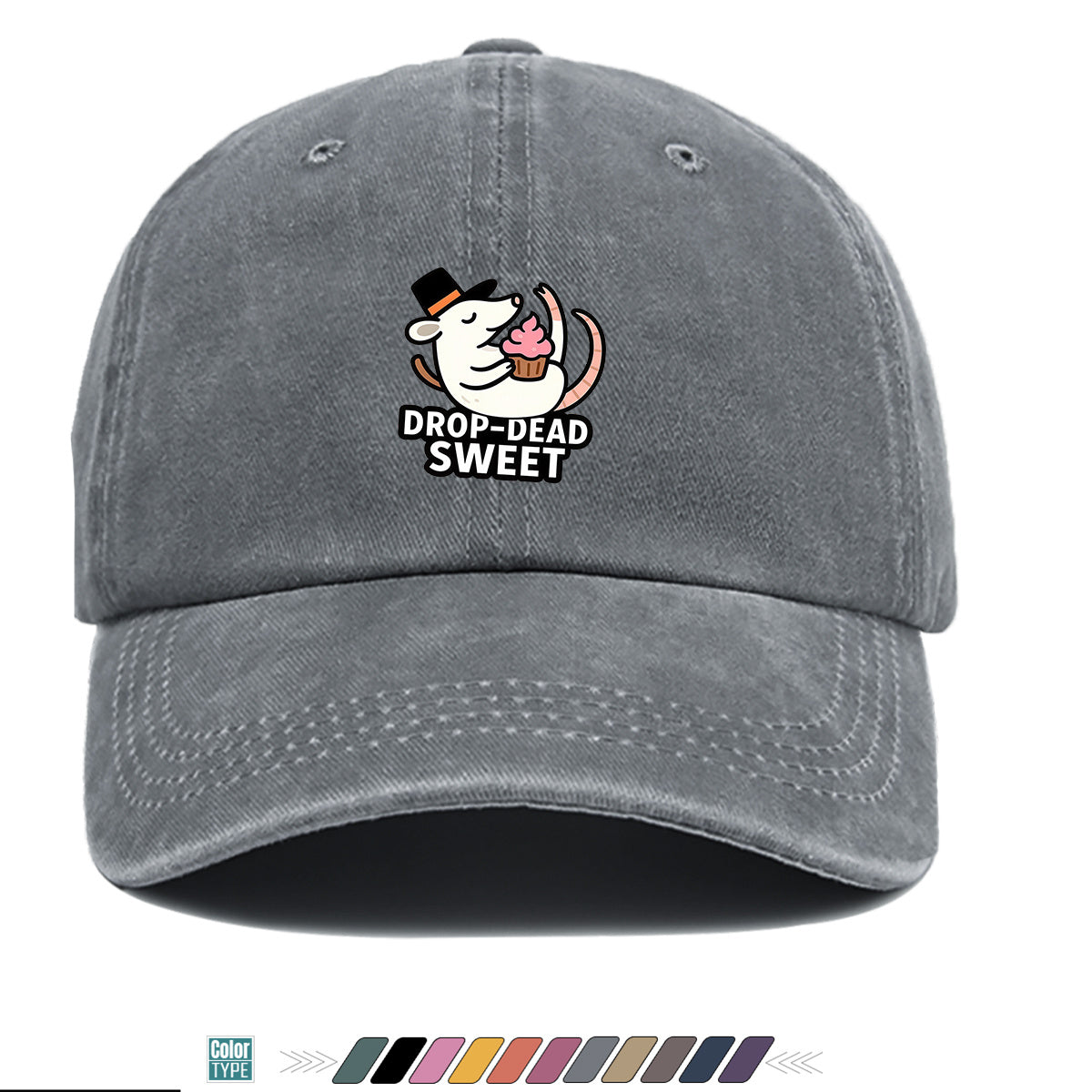 1pc 1pcs "DROP-DEAD SWEET" Mouse Top Hat & Cupcake Print Cap - Adjustable Unisex Baseball Hat Suitable for Parties, Travel, Daily Wear - Cute, Themed Outfits, Street Style for Men & Women (Powder Cream Cupcake)
