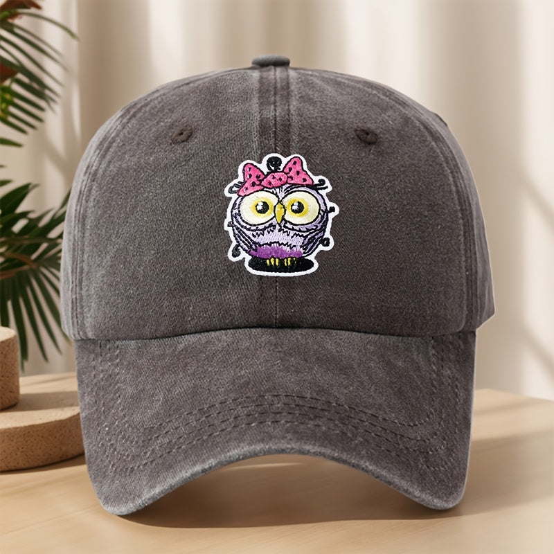 Vintage Washed Duckbill Baseball Cap with Owl Patch - Distressed Soft Breathable Sweat-Absorbent Suitable for Outdoor,, Camping, Fishing, Streetwear Hat, Washed Retro for Climbing and Casual Wear