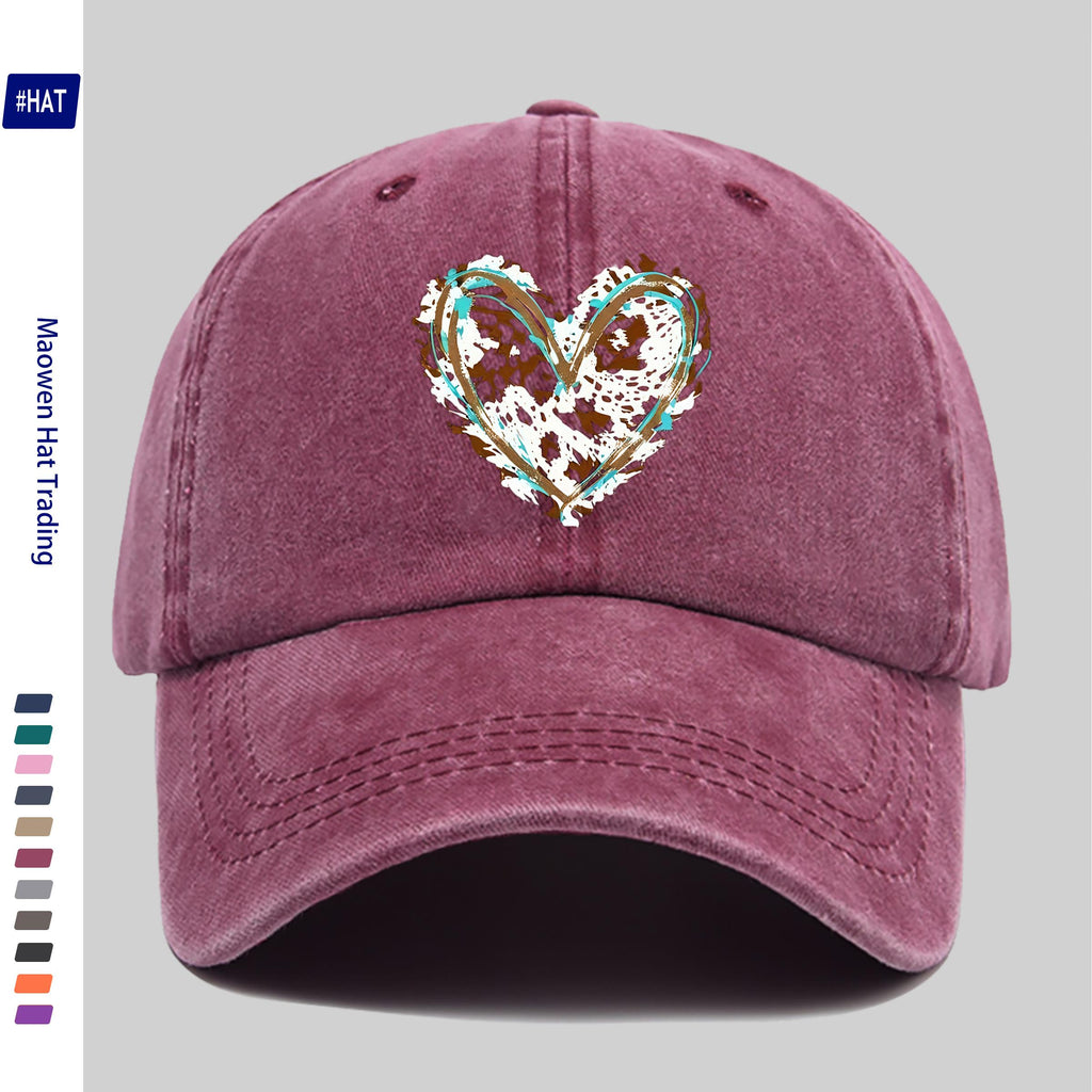 1 Adjustable Baseball Cap, Unisex, Versatile Street Style Fashion Printed Baseball Cap, Washed And Distressed Look Hat, Featuring a Fun Cartoon Heart Print Design, Comfortable And Lightweight, Vintage Street Skateboard Cap
