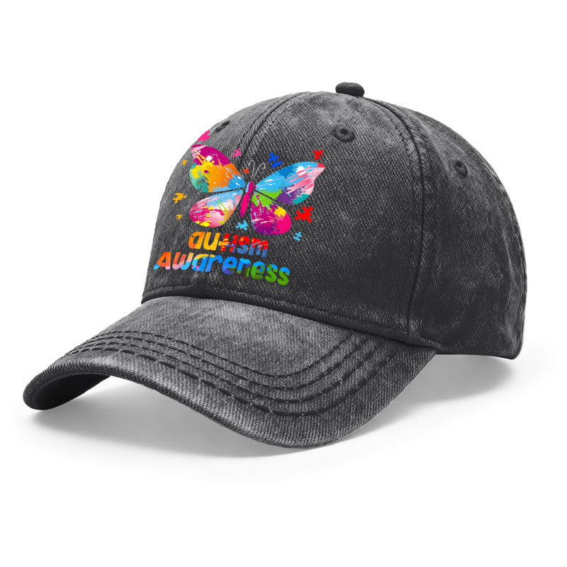 1pc of Vintage Washed Unisex Baseball Caps Featuring a Colorful Artistic Design of an Autism Awareness Butterfly. These Adjustable Caps Are Perfect for Outdoor Activities And Casual Wear, Making Them Great Gifts for Both Men And Women