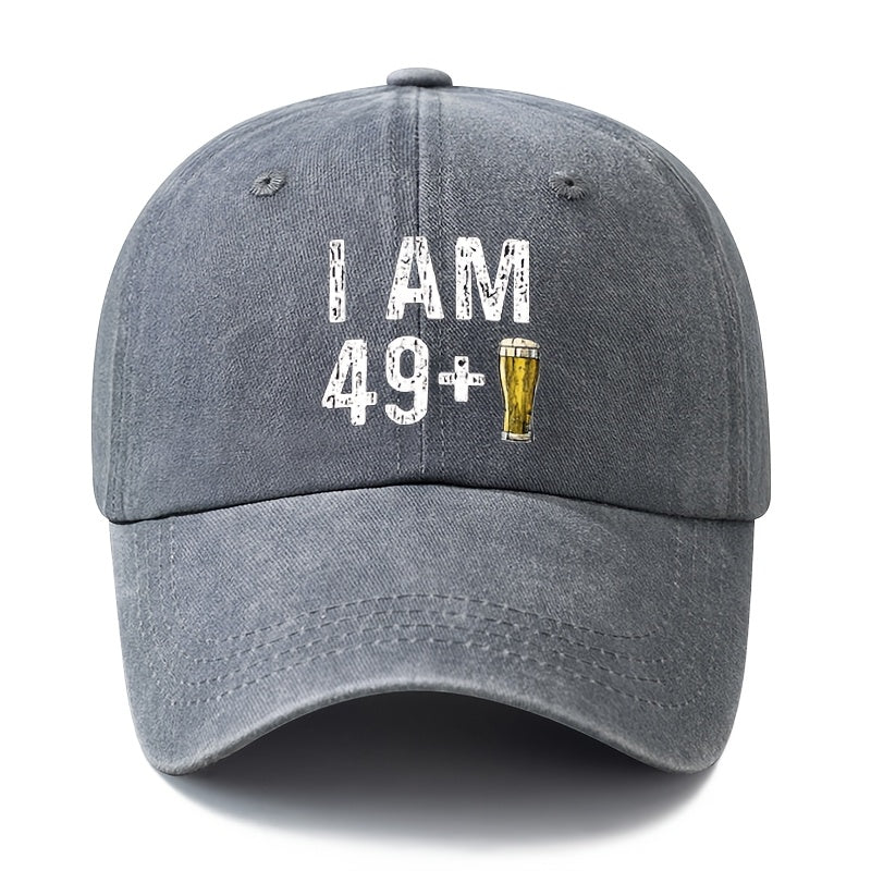 Unisex Fashion Versatile Printed I AM 49+ Beer Baseball Cap, Classic Retro Washed Outdoor Lightweight Curved Cap, Trucker Hat, Suitable for Outdoor Vacation Travel Camping And Other Casual Occasions, Holiday Party Hip-Hop Hat
