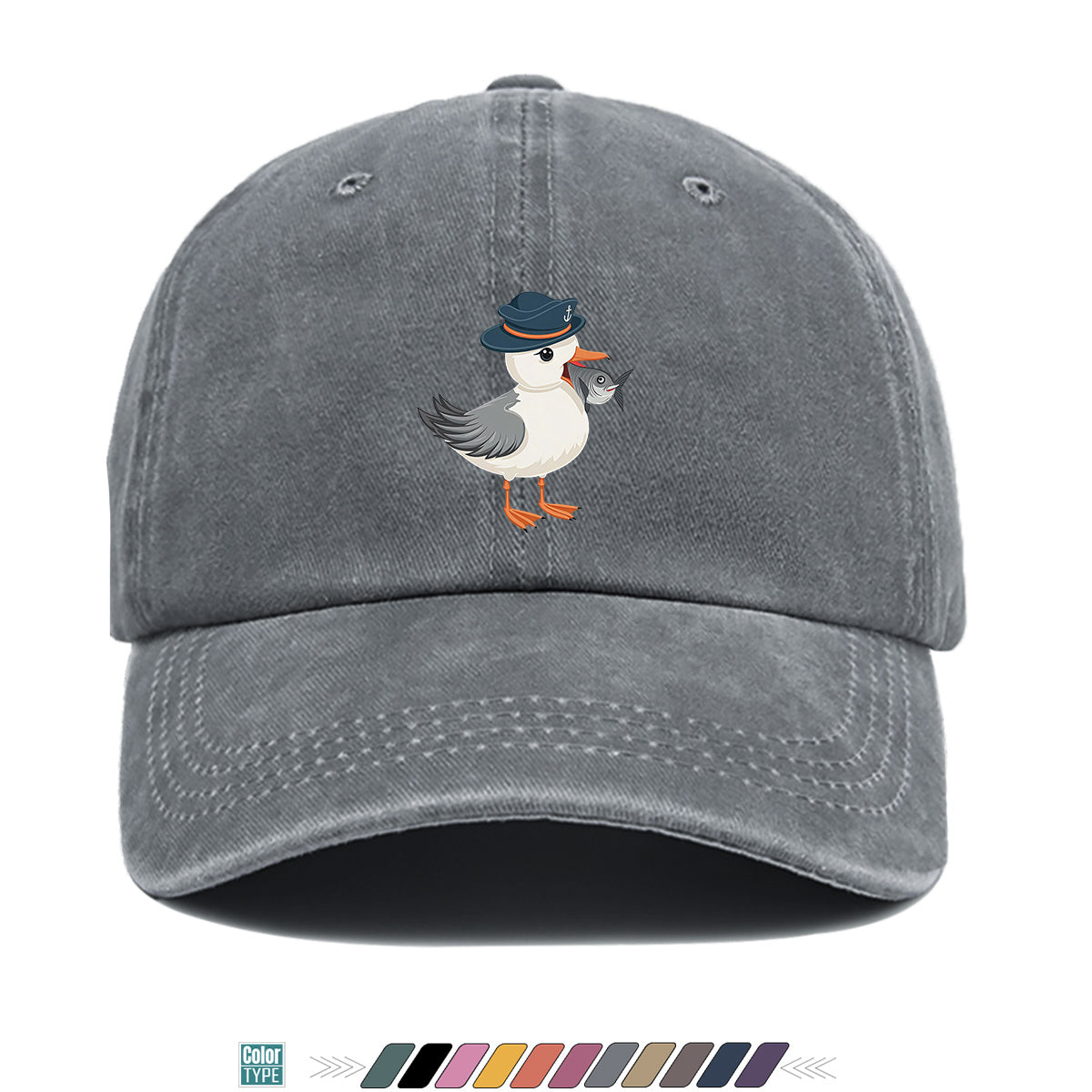 1pc Cartoon Seagull Wearing a Navy Hat with an Anchor Pattern, Holding a Fish in Its Mouth, with a Colorful Geometric Striped Background. Fun Animal Print Baseball Cap, Comfortable And Breathable Sun Hat, Stylish, Individual, And Beautiful