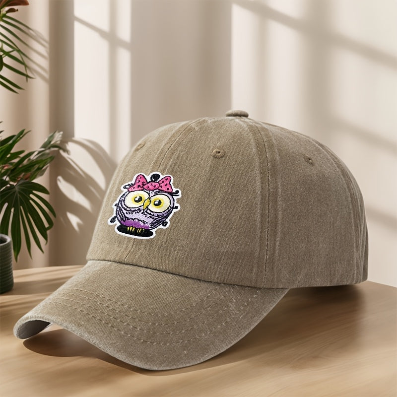 Vintage Washed Duckbill Baseball Cap with Owl Patch - Distressed Soft Breathable Sweat-Absorbent Suitable for Outdoor,, Camping, Fishing, Streetwear Hat, Washed Retro for Climbing and Casual Wear
