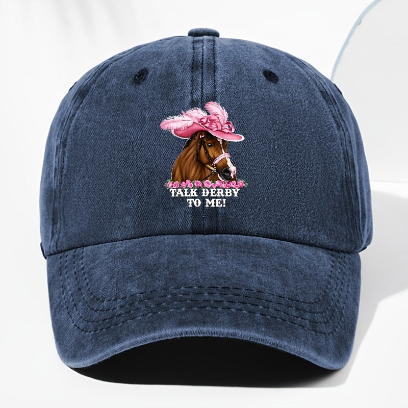 Unisex Adjustable Baseball Cap, Pink Horse Pattern with "Talk Derby to Me!" Print - Lightweight 100%, Machine Washable Vintage Design, Ideal for Casual Outdoor And Daily Wear