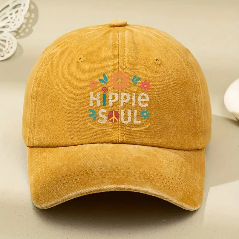 Retro Hippie Soul Baseball Cap - 60S/70S Style with Floral And Peace Symbols (Sunflowers, Peace Sign) - Deep Navy Blue Adjustable Snapback Hat with Colorful Accents - Lightweight Washed Effect, Suitable for Both Men And Women - Machine Washable