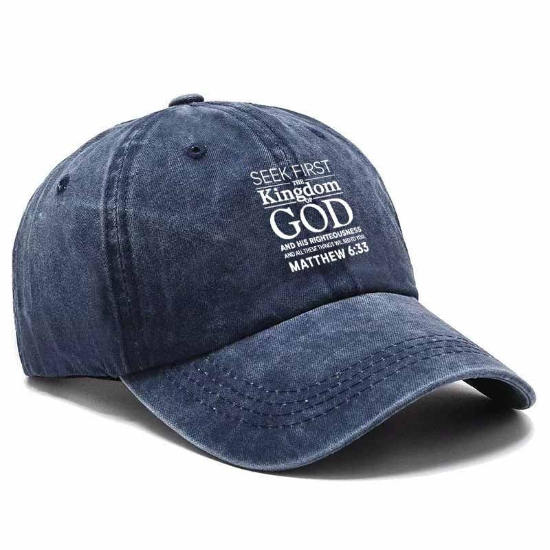 Verse Baseball Cap with Matthew 6:33 Scripture - Faith Hat for Church, Worship & Study, Inspirational Religious Gift For, Soft Comfortable Textile Cap (Black/Dark Grey/Navy/Tan/Green)