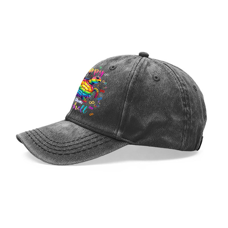 A Vintage Washed Unisex Baseball Cap, Featuring a Rainbow Turtle Design Paired with Bright-colored Pop Art. These Adjustable Hats Are Perfect for Outdoor Activities and Casual Outings, Making Them an Excellent Gift for Men, Women, and Friends.
