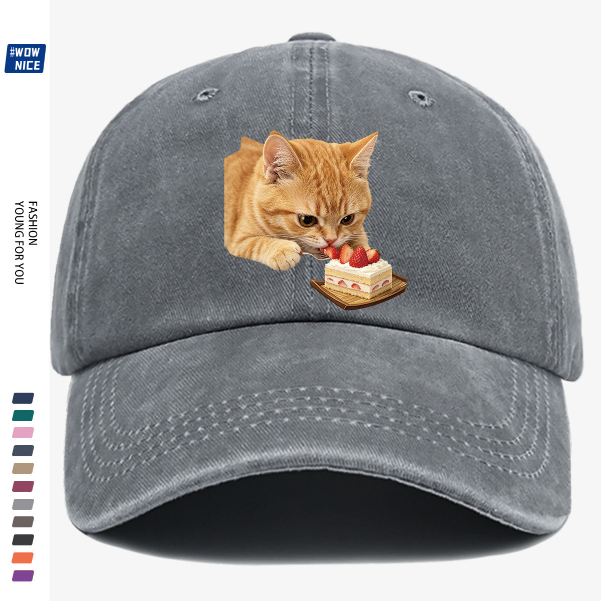 1pc Orange Cat Eating Strawberry Cake Fun Printed Baseball Cap, Cute And Playful Design Unisex Adjustable Size Casual Hat for Shopping, Dating, Coffee Shop Gatherings, Park Walks, Best Friend Outings, Weekend Fun, Party Activities, Trendy Accessory