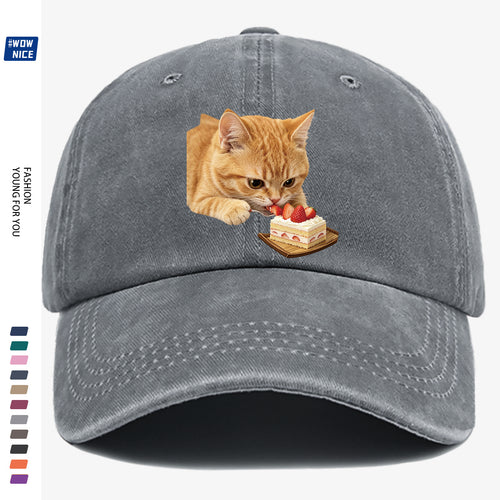 1pc Orange Cat Eating Strawberry Cake Fun Printed Baseball Cap, Cute And Playful Design Unisex Adjustable Size Casual Hat for Shopping, Dating, Coffee Shop Gatherings, Park Walks, Best Friend Outings, Weekend Fun, Party Activities, Trendy Accessory