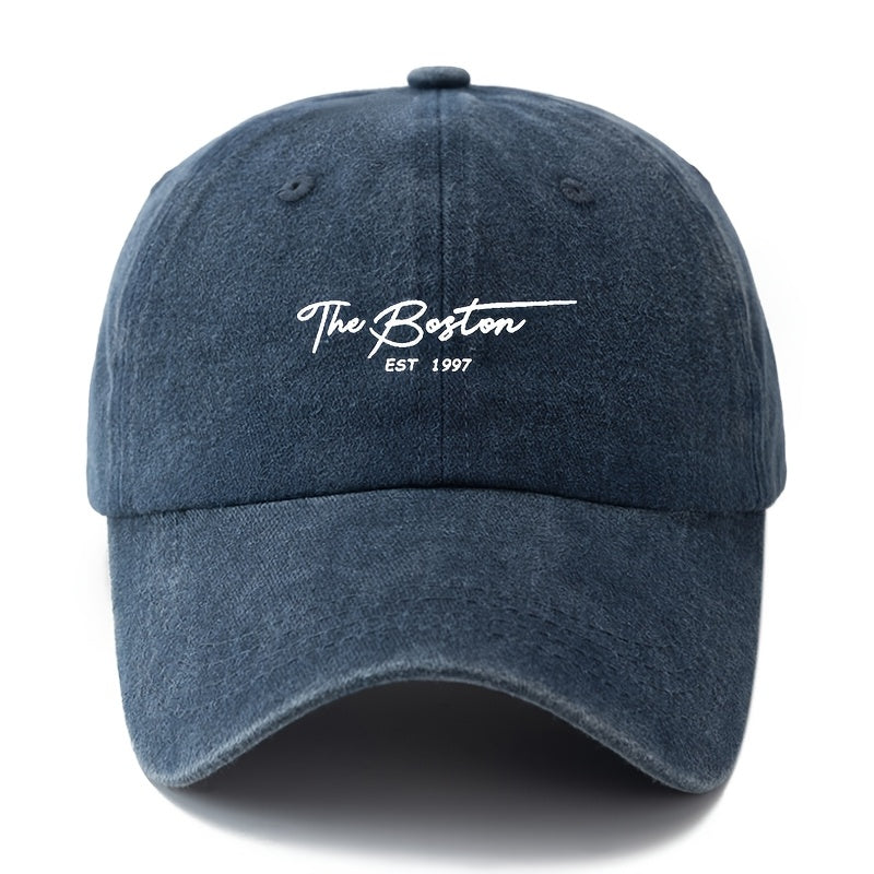 Unisex Vintage Washed Baseball Cap with "The Boston" Embroidery - Lightweight Curved Brim Hat Suitable for Outdoor, Travel, Camping - Durable Textile Material & Hand Washable
