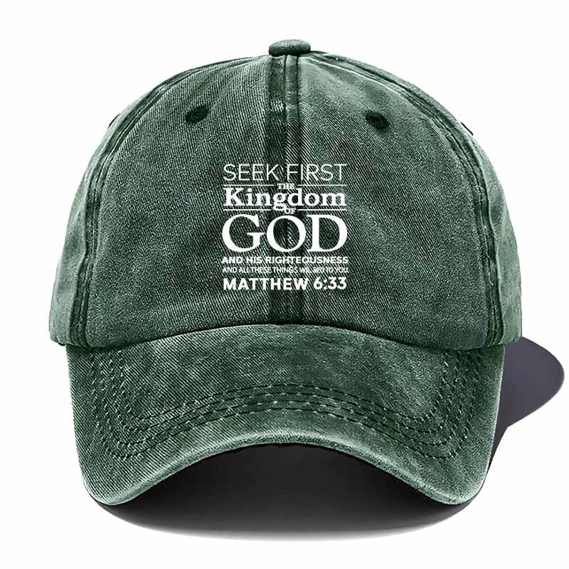 Verse Baseball Cap with Matthew 6:33 Scripture - Faith Hat for Church, Worship & Study, Inspirational Religious Gift For, Soft Comfortable Textile Cap (Black/Dark Grey/Navy/Tan/Green)