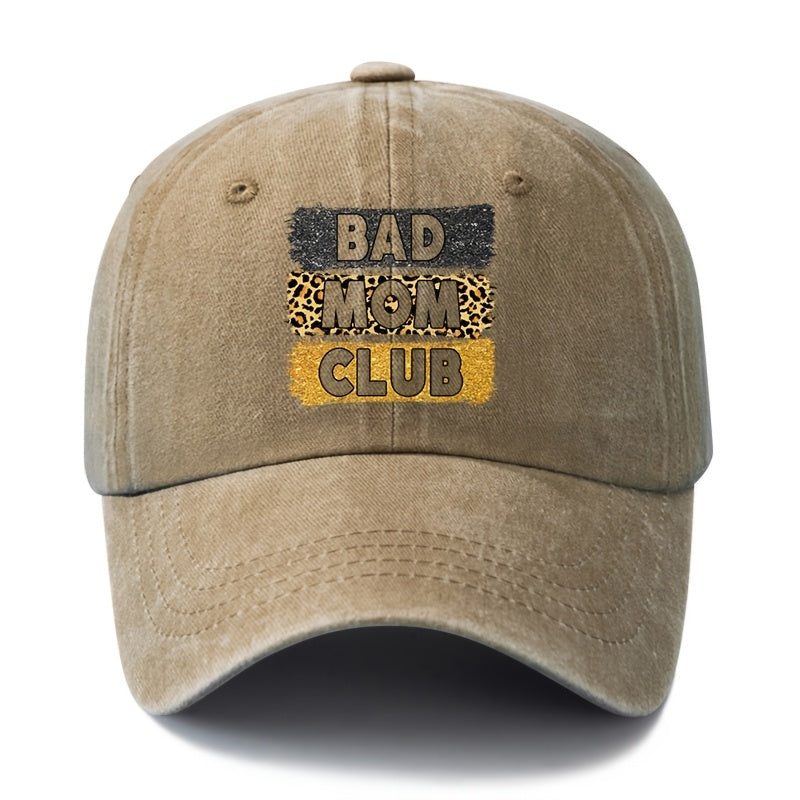 A Unisex Fashionable and Versatile "BAD MOM CLUB" Printed Baseball Cap, Featuring a Classic Vintage Washed Lightweight Curved Brim. This Trucker Baseball Cap Is Suitable for Casual Occasions Such as Outdoor Vacations, Travel, and Camping. It Also