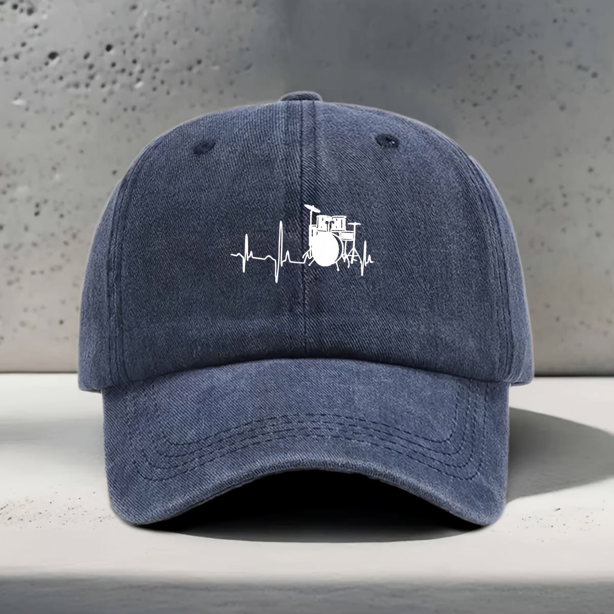 Men's & Women's Baseball Cap with Music-Themed Drum Print & Heartbeat Line - Adjustable Snapback Curved Brim Hat Suitable for Music Festivals, Outdoor Sports, Daily Wear - Washed Unisex Drummer Cap for Concerts and Casual Outfits