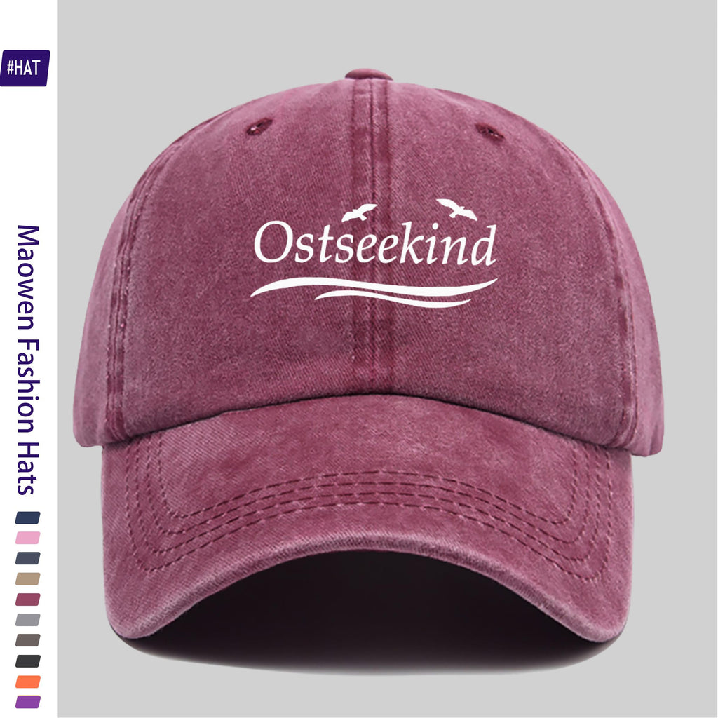 1pc Vintage Washed Duckbill Trucker Hat with Ostseekind & Seagull Logo Print, Adjustable Snapback Cap Suitable for Outdoor Fishing, Hunting, Vacations, Unisex for Men & Women, Machine Washable, Retro Logo