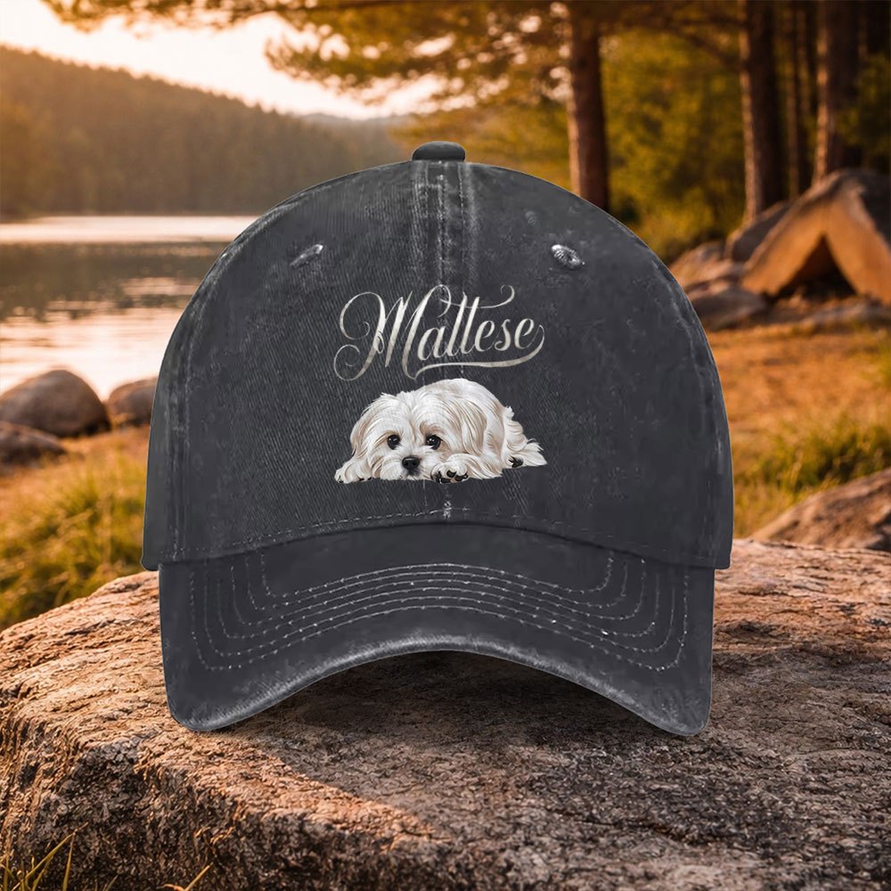 1pc Vintage Maltese Dog Print Baseball Cap with Maltese Puppy Pattern & Distressed Look - Lightweight Machine Washable Unisex Hat Suitable for Golf, Casual Wear, Outdoor Activities, Daily Commute - Gift for Dog Lovers with Maltese Puppy Design
