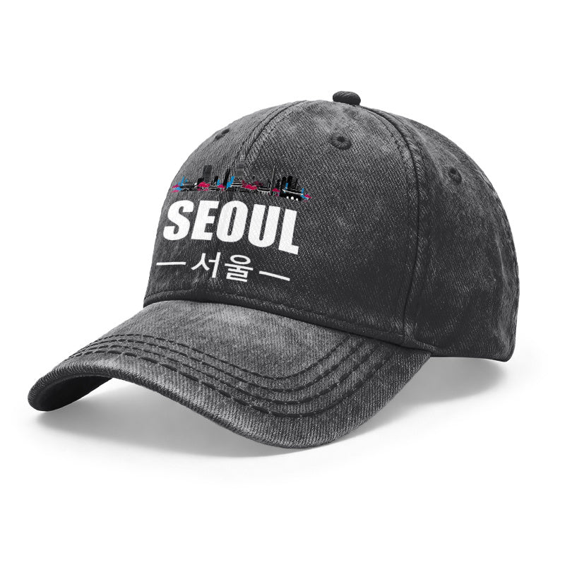 1pc Vintage Washed Unisex Baseball Caps, Seoul Skyline, Modern Cityscape Design Print Pattern, Adjustable, Suitable for Outdoor Activities and Casual Wear, Gifts for Men and Women, Friends.