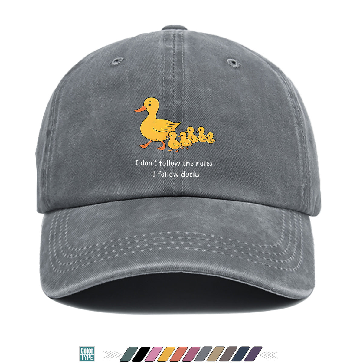 1pc Cartoon Mother Duck with Five Ducklings Print Baseball Cap, Retro Glitch Art Style Striped Background, Funny Slogan "I Don'T Follow The Rules, I Follow The Ducks", Comfortable And Breathable Sun Hat