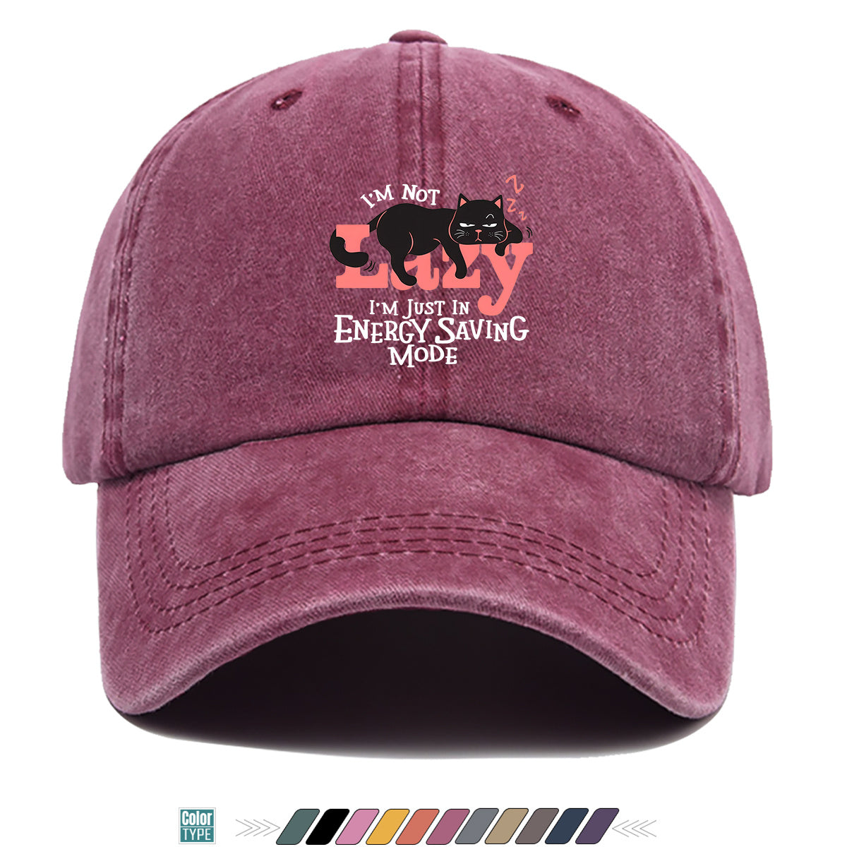 1pc "LAZY" Letter Print Baseball Cap with Lazy Black Cat Print, Fashionable Casual Duckbill Cap, Unisex Adjustable Street Style Sun Hat, for Daily Outings, Café Lounging, Weekend Lounging, Friend Gatherings, Daily Wear, Shopping, Park Strolls