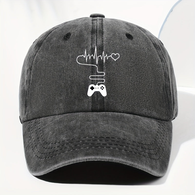Unisex Gaming Console Heart Print Washed Vintage Baseball Cap, Fashionable Outdoor Hat for Men and Women, Adjustable Fit Trucker Hat Suitable for All Seasons and Daily Wear
