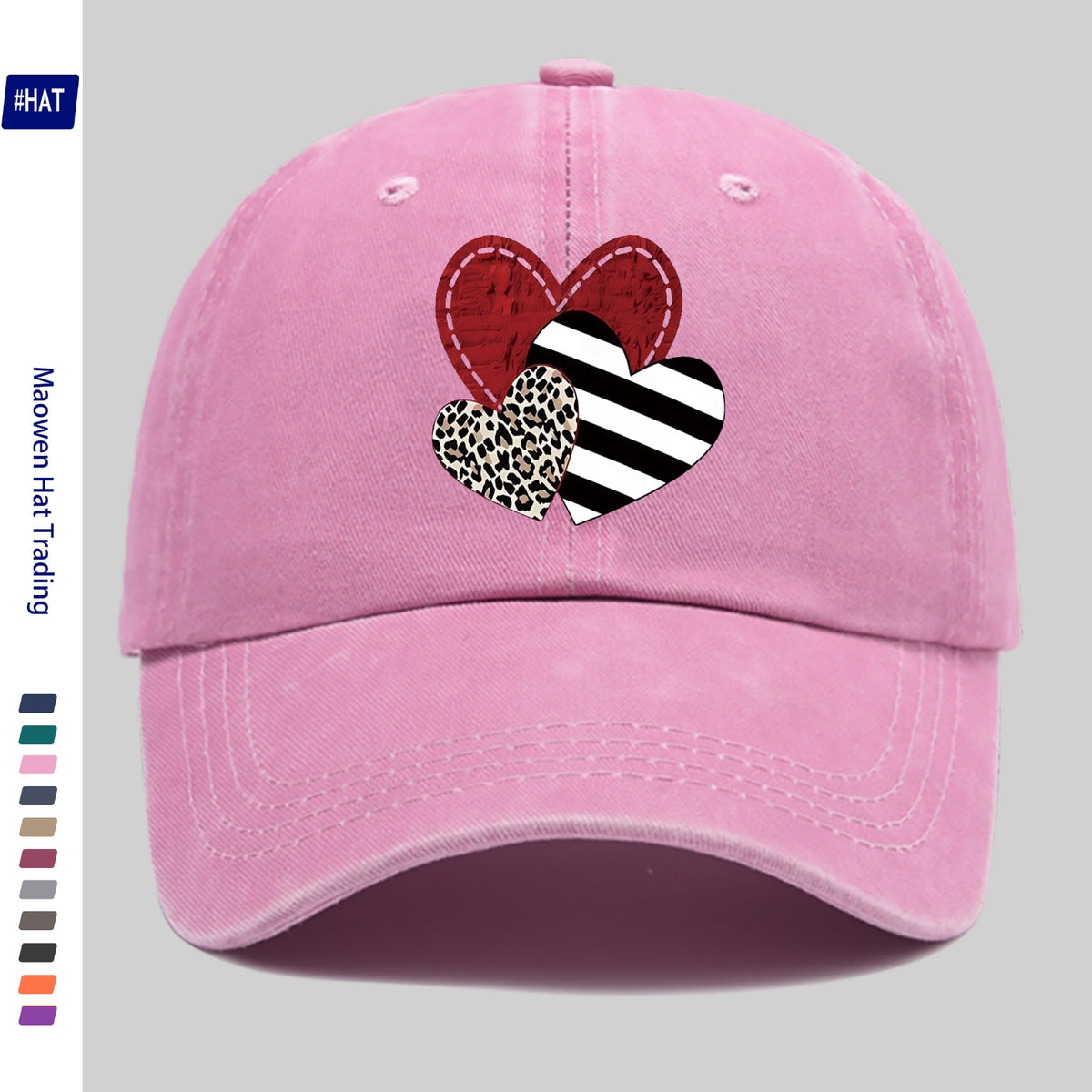 A Washed Baseball Cap with Iron-on Transfer Designs of Red Hearts, Black Striped Hearts, Leopard Print Hearts, and Crossed Hearts. It Features a New Autumn/winter Vintage Style, Is Unisex, Adjustable in Size, Lightweight, and Suitable for Outdoor Use